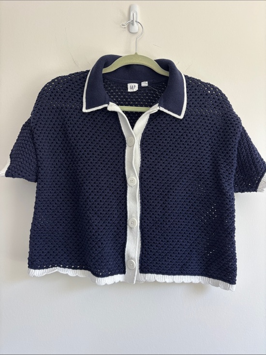 GAP Sweaters - GAP Navy Open-Knit Short Sleeve Polo Cardigan with White Trim